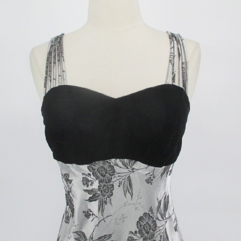 Vintage 90s Velvet Silver Jacquard Party Gown Dress XS - Picture 6 of 11